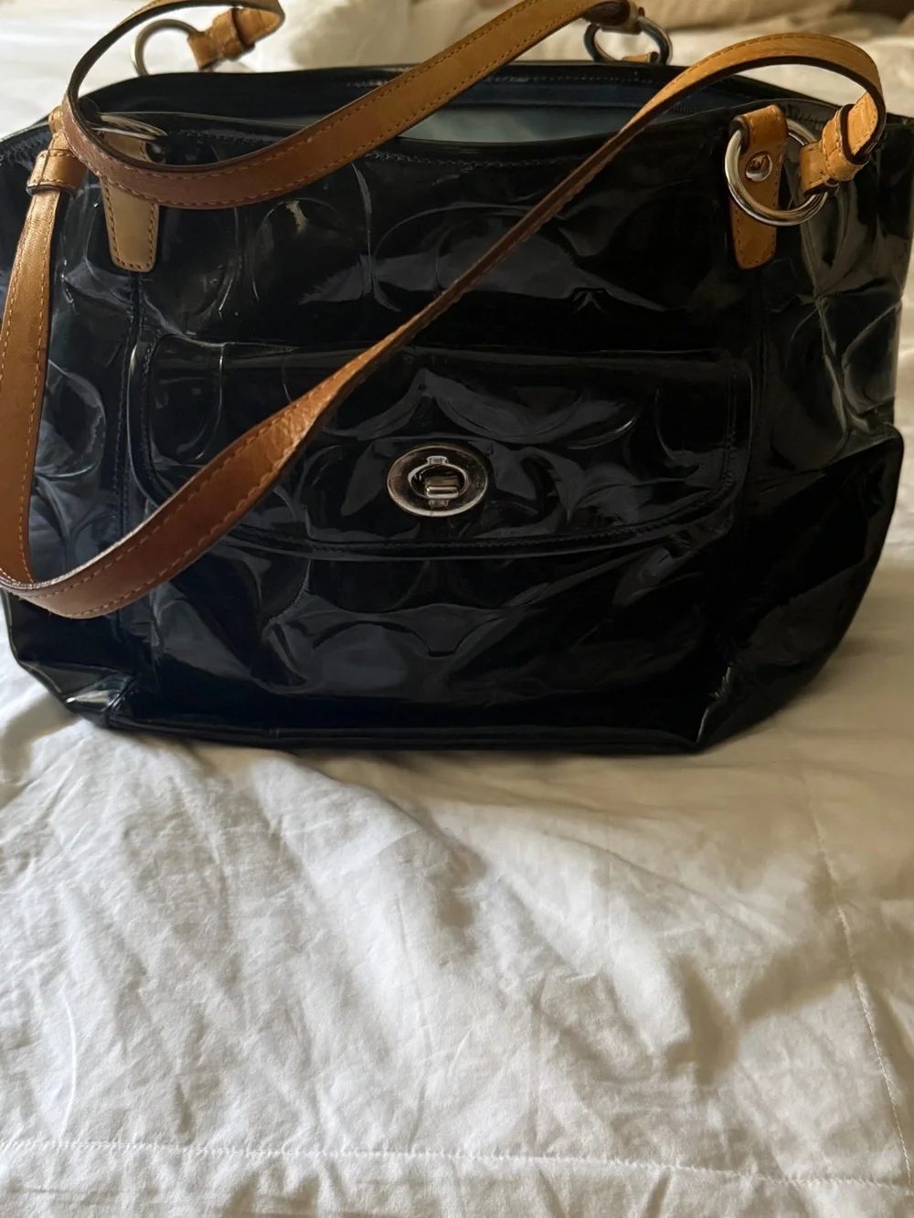 Coach dark blue Patent Tote with Tan Leather Straps
